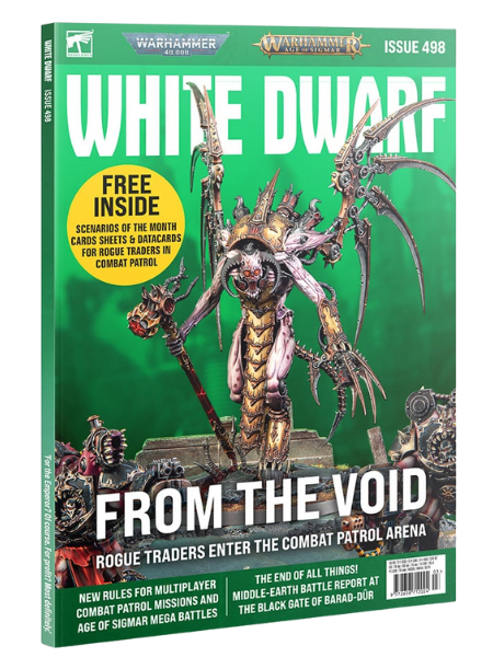 The cover to White Dwarf magazine issue #498, which features the new Rogue Trader Combat Patrol known as VanTarrion's Voidsmen.