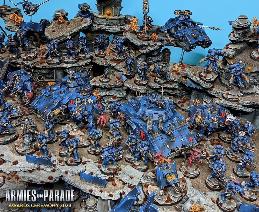 A winning diorama of Space Marines that won the Silver Medal at the Warhammer Armies on Parade contest in 2023.