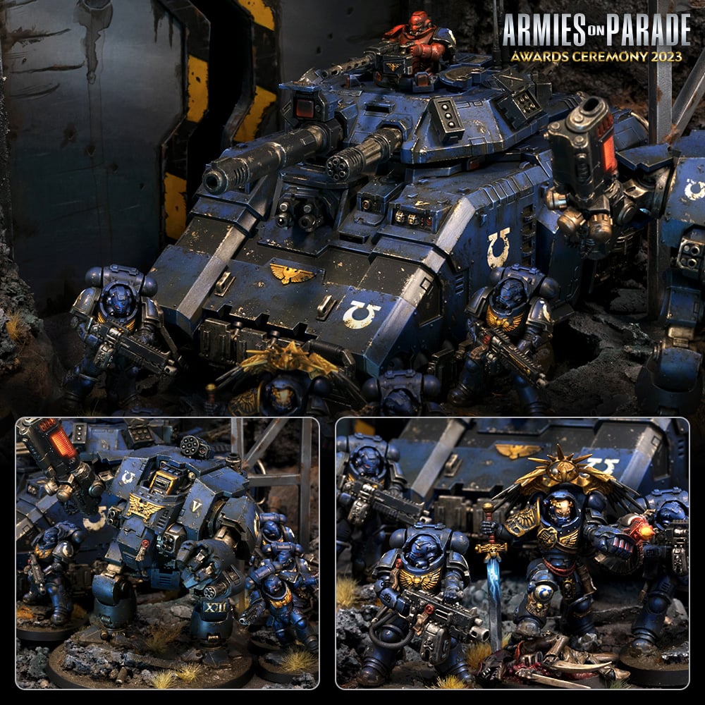 A winning diorama of Space Marines that won the Bronze Medal at the Warhammer Armies on Parade contest in 2023.