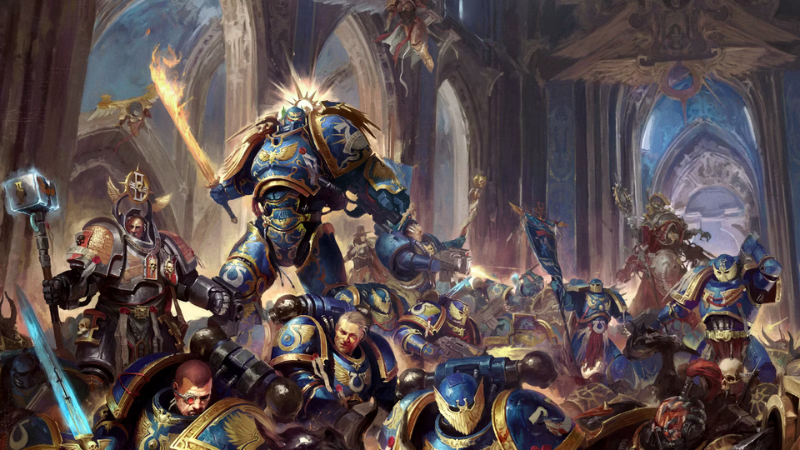 An army of Warhammer 40K Space Marines marching to war.