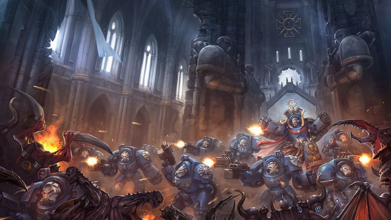 A squad of Warhammer 40K Space Marines inside a cathedral battling a swarm of Tyranids.