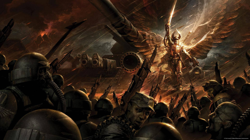 Promotional art for the Warhammer World Championship, showing an angel standing over an army of Imperial Guard soliders.