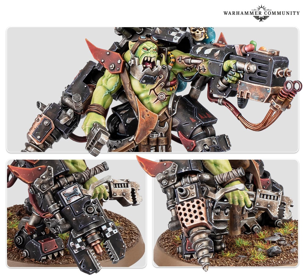 Close ups showing the new melee weapons available for the new Warhammer 40K Ork Big Mek model.