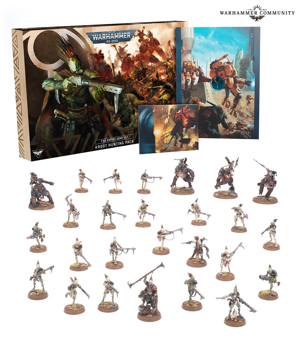 The Warhammer 40K Kroot Hunting Party box set, featuring all the miniatures, packaging and additional print components.