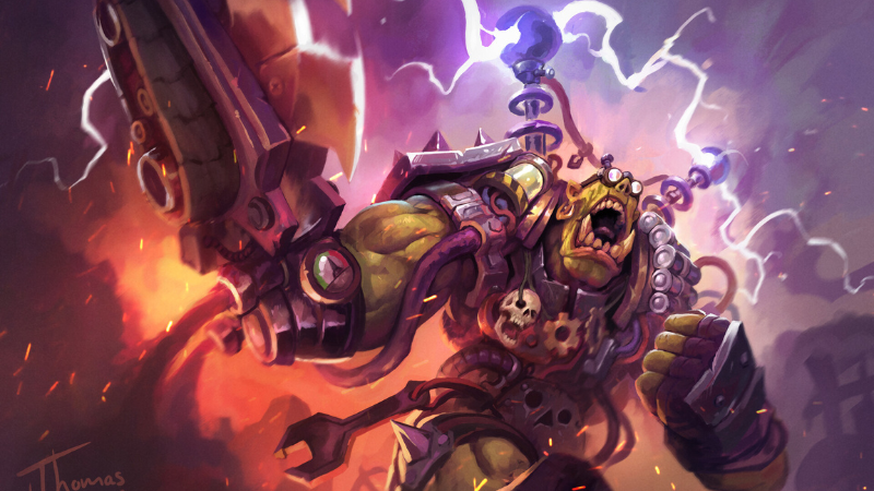 A Ork Big Mek charging into battle surrounded by a field of electricity from a device on his back.