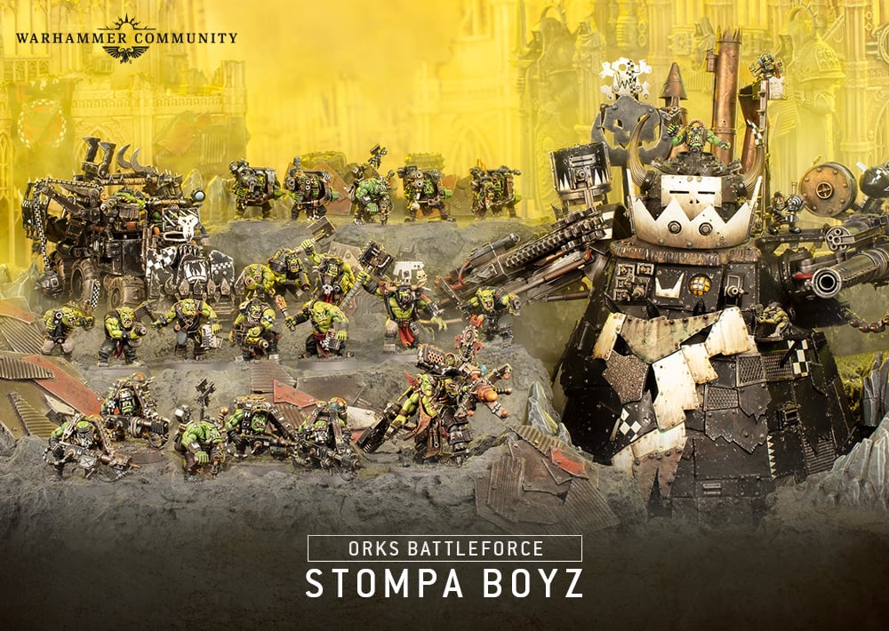 The fully painted Stompa Boyz Ork Battleforce for Warhammer 40K 10th edition.