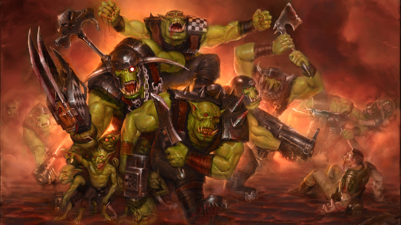 A group of Warhammer 40K Ork Stompa Boyz battling Imperial Guardsmen.