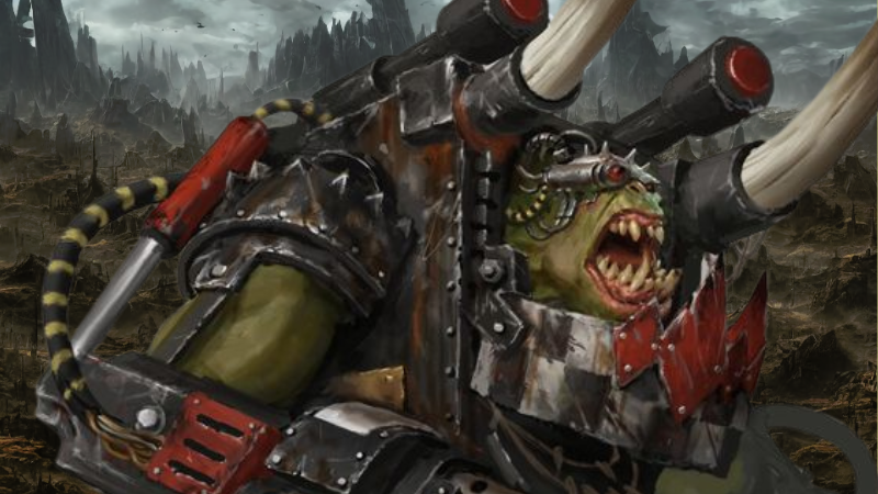 Warhammer 40K art featuring an Ork Big Mek storming across a battlefield.