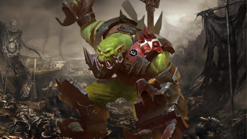 Warhammer 40K art featuring an Ork Boy wielding a claw and sword on an alien planet.