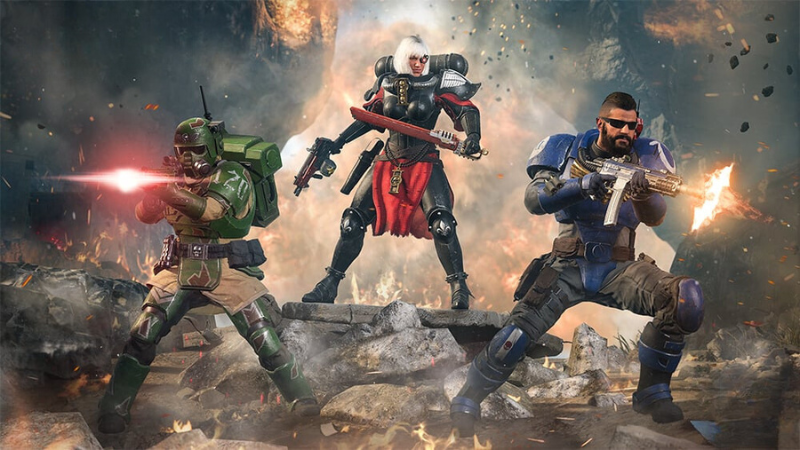 Official artwork from the Warhammer 40K Call of Duty vidoe game expansion, showing a Sister of Battle and two Imperial Guards in a battle.