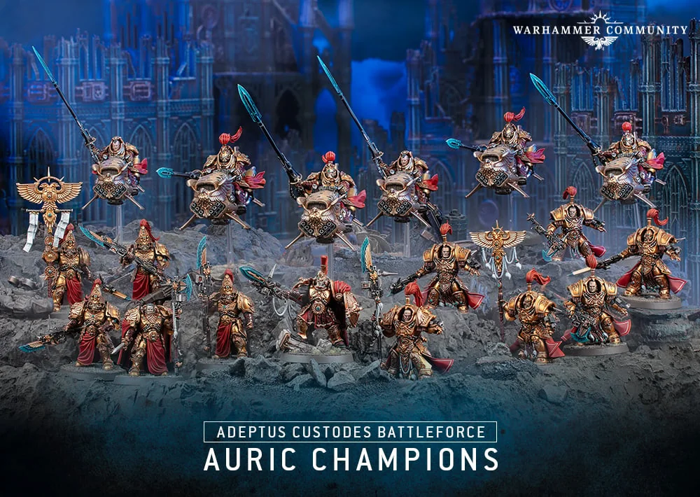 18 fully painted models featured in the new "Auric Champions" Adeptus Custodes Battleforce for Warhammer 40K 10th edition.