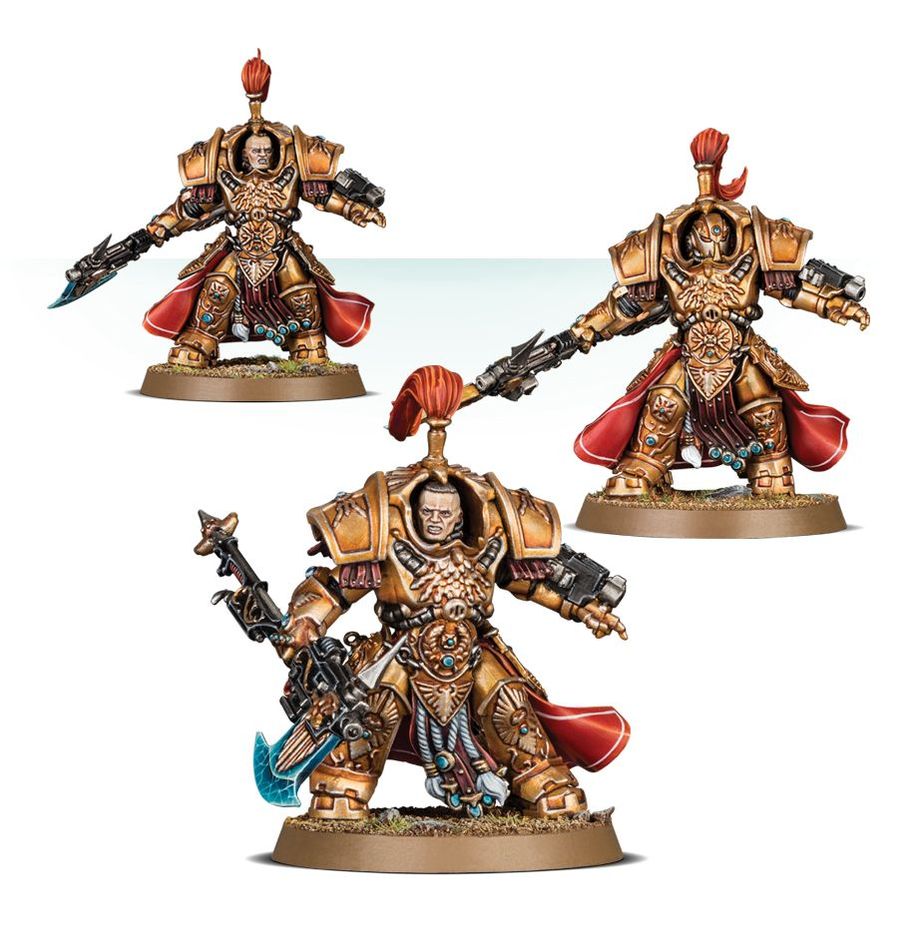 Three fully painted Allarus Custodian models from the "Auric Champions" Adeptus Custodes Battleforce.