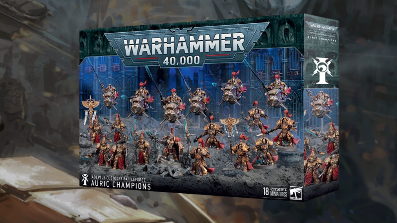 The box cover for the Auric Champions Adeptus Custodes Battleforce for Warhammer 40K 10th edition.