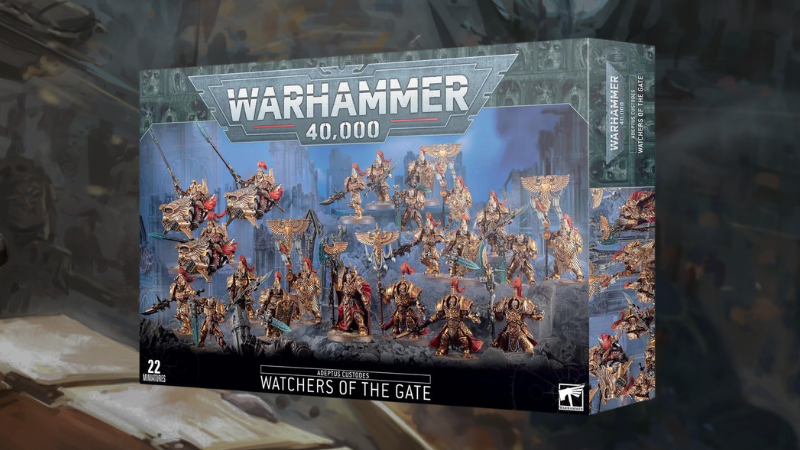 The box cover for the Watchers of the Gate Adeptus Custodes Battleforce for Warhammer 40K 9th edition.