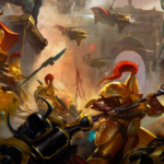 Art from the Adeptus Custodes Codex for Warhammer 40K 10th edition, featuring an army of Custodians charging into battle.