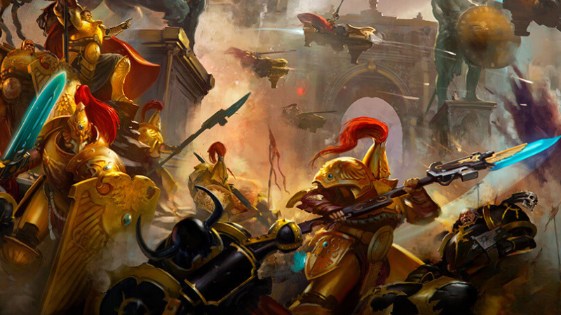Art from the Adeptus Custodes Codex for Warhammer 40K 10th edition, featuring an army of Custodians charging into battle.