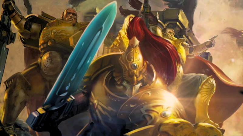 Official Warhammer 40K art, featuring three Adeptus Custode warriors in golden power armor.