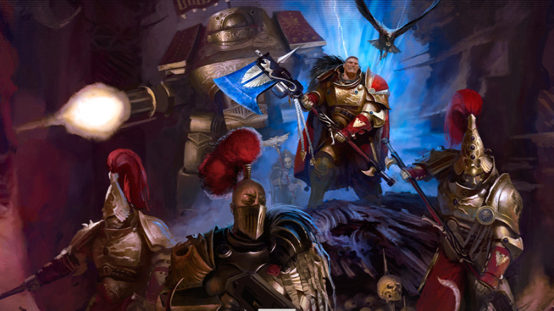 Official artwork from the Adeptus Custodes Codex for Warhammer 40K, featuring a group of Custodians charging into battle.