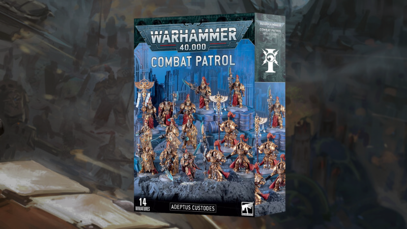 The box art for the new Adeptus Custodes Combat Patrol which was released for Warhammer 40K 10th edition in April 2024.