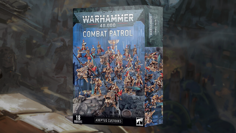 The box art for the Adeptus Custodes Combat Patrol known as "Guardians of the Throne" which was released in 2023 for Warhammer 40K 10th edition.