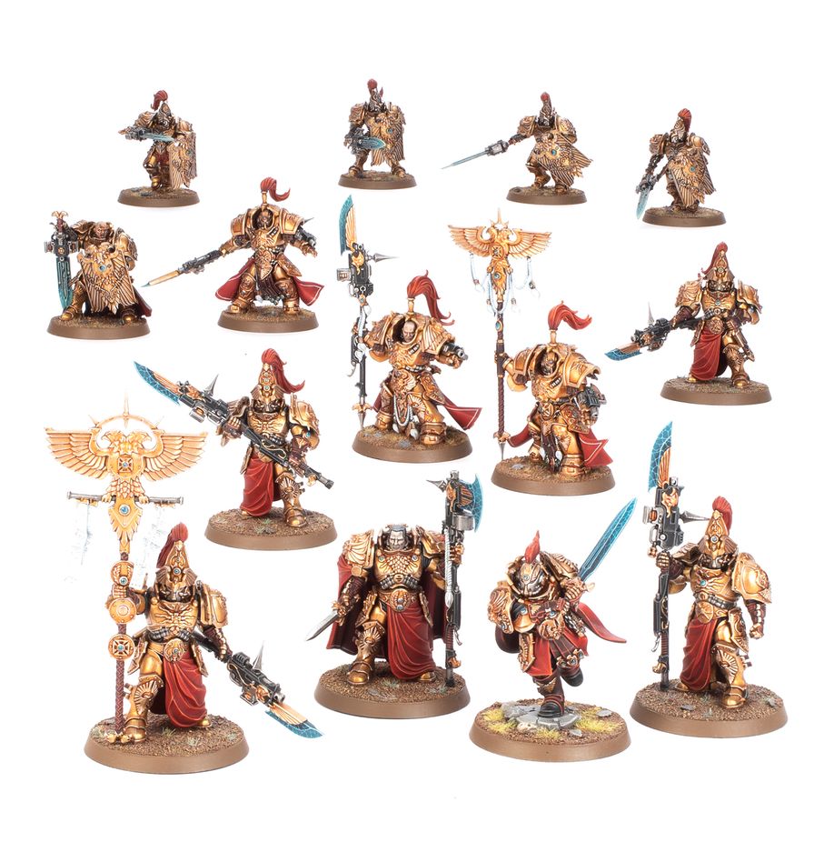 The 14 fully painted miniatures featured in the new 2024 Adeptus Custodes Combat Patrol for Warhammer 40K 10th edition.