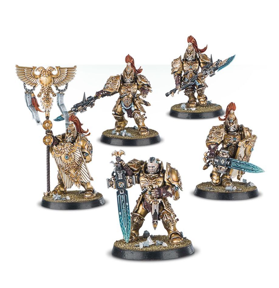 Five fully painted Custodian Wardens miniatures featured in the 2024 Adeptus Custodes Combat Patrol.