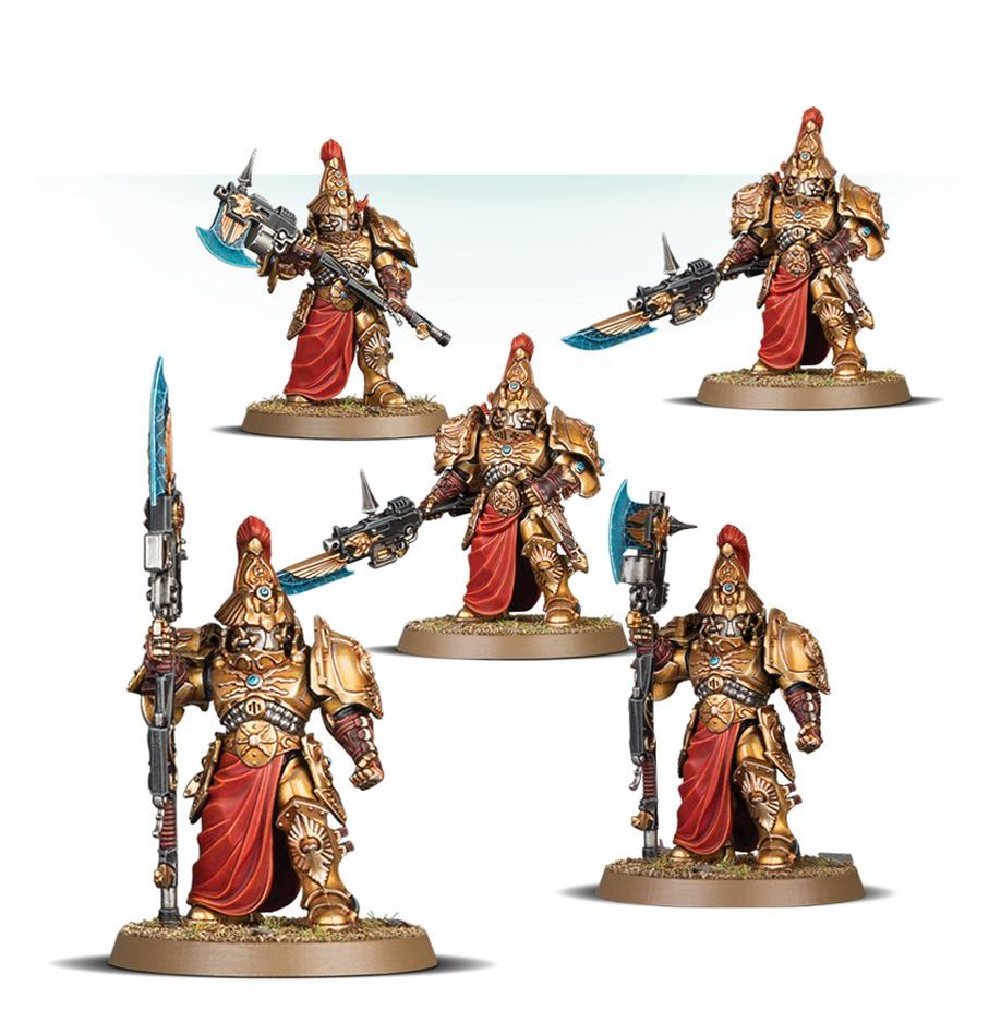 Five fully painted Custodian Guards miniatures from the "Tristaen's Gilded Blades" Adeptus Custodes Combat Patrol.