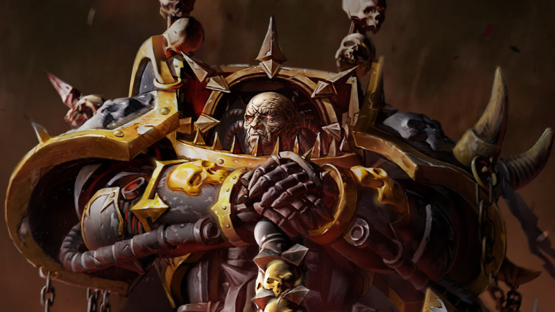 Warhammer 40K artwork featuring a Chaos Space Marine Lord in power armor looking over a battlefield.