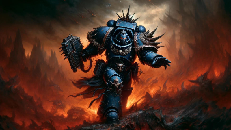 Warhammer 40K artwork featuring a Chaos Lord Space Marine charging across a fiery alien landscape.