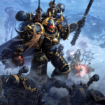 A Chaos Lord Space Marine in power armor standing on a barren icy alien world.