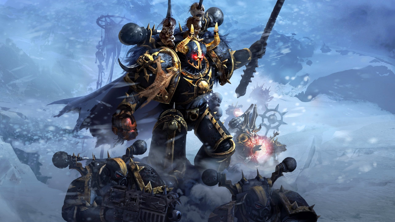 A Chaos Lord Space Marine in power armor standing on a barren icy alien world.