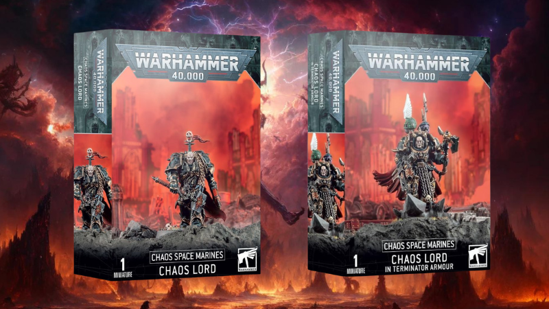 Side-by-side box art of the 2019 Warhammer 40K Chaos Lord models.