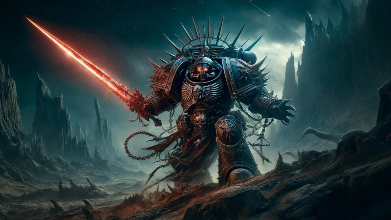 Warhammer 40K artwork featuring a Chaos Space Marine wielding a glowing red power sword.