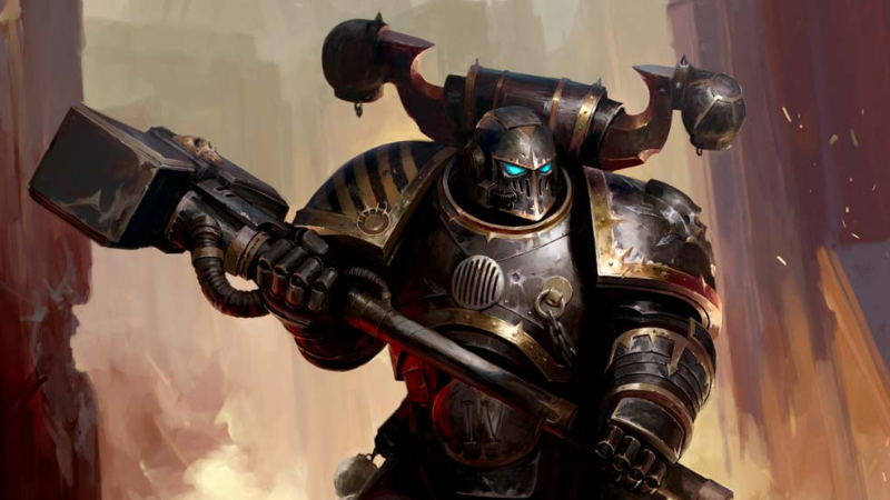 Warhammer 40K artwork featuring a Chaos Space Marine wielding a demonic hammer.