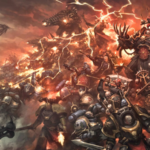 Warhammer 40K artwork featuring a Chaos Space Marine Battleforce charging into battle.