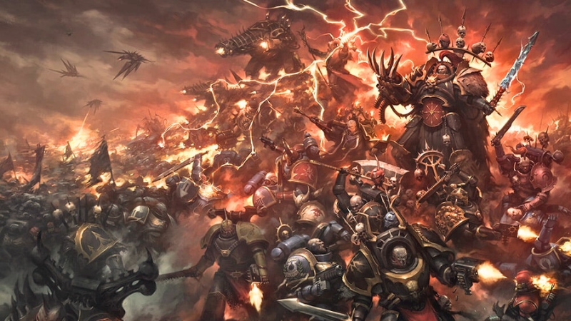 Warhammer 40K artwork featuring a Chaos Space Marine Battleforce charging into battle.
