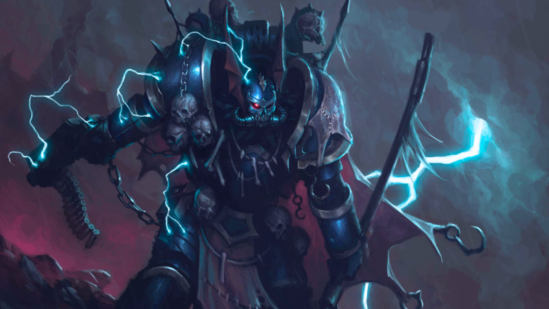 Warhammer 40K artwork featuring A Night Talons Chaos Space Marine summoning lightning.