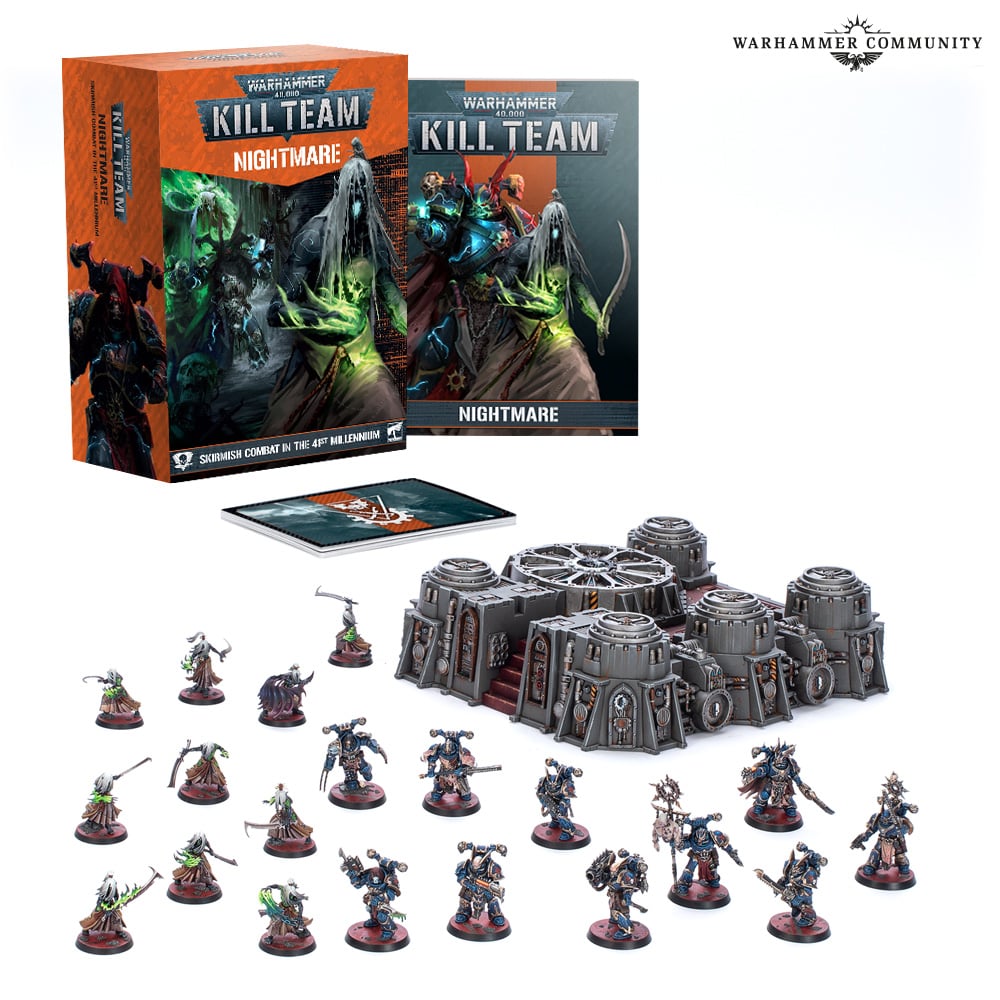The box set, booklet, terrain and miniatures included in the new Kill Team: Nightmare set.