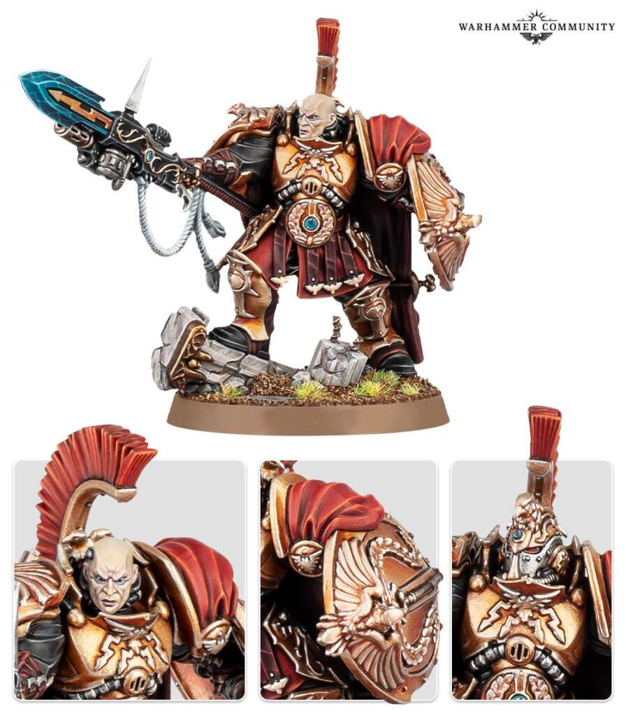 A close up of the various accessories and details featured on the new Adeptus Custodes Shield-Captain model for Warhammer 40K 10th edition.