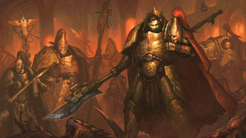 Warrior 40K artwork featuring a Shield-Captain leading a squad of Adeptus Custodes warriors into battle against Tyranids.