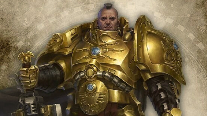 Warhammer 40K artwork showing an Adeptus Custodes Shield-Captain in armor holding a sword with his helmet removed.