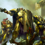 Official Warhammer 40K art, featuring an Adeptus Custodes Shield-Captain leading a squad of warriors into battle.
