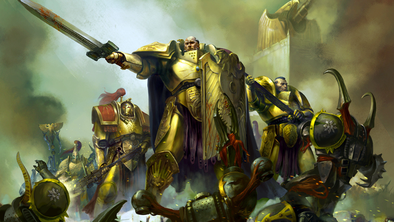 Official Warhammer 40K art, featuring an Adeptus Custodes Shield-Captain leading a squad of warriors into battle.