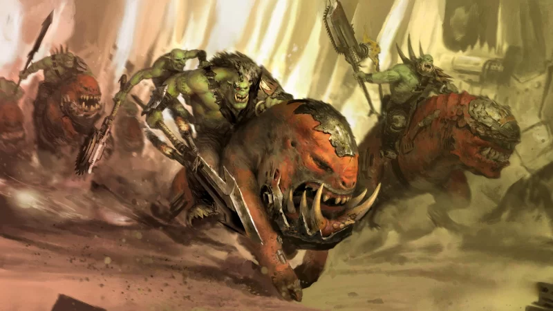 Official Warhammer 40K artwork featuring a Beast Snagga Ork Combat Patrol charging into battle on an alien planet.