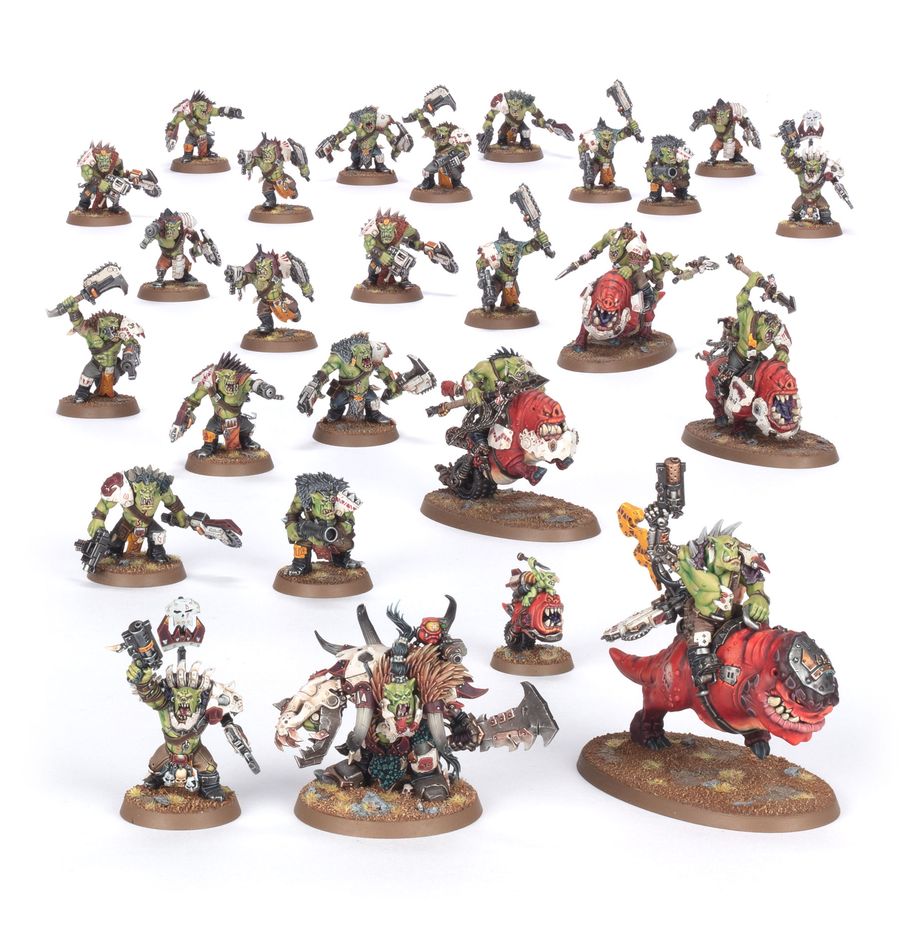 All of the 25 fully painted miniatures featuring in the new Warhammer 40K Ork Combat Patrol known as "Morgrim's Butchas."