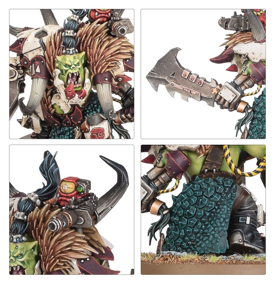 A close up of the details on the Beastboss model included in the new 2024 Ork Combat Patrol for Warhammer 40K.