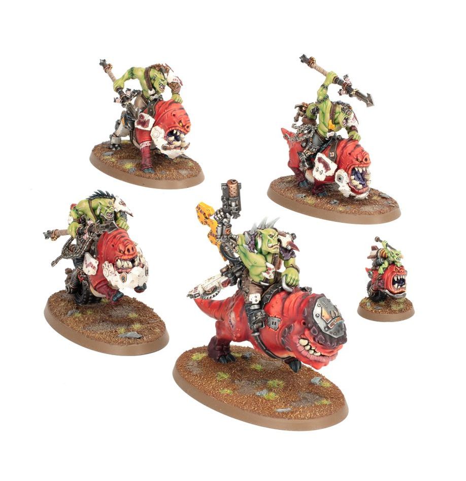 4 painted Squidhog Boyz models and 1 Bomb Squig which are included in the Mogrim's Butcha's Ork Combat Patrol for Warhammer 40K.